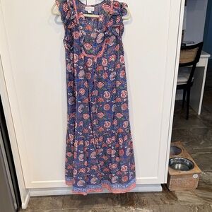 Velvet Blue Floral Dress with Coral and Green Print